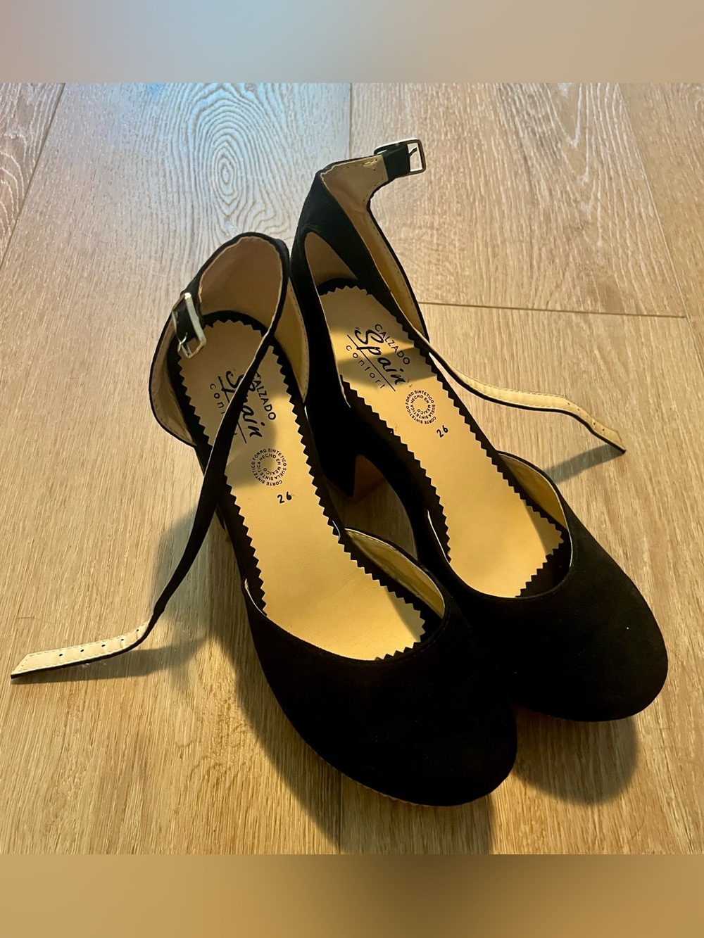 Black Ankle-Strap Round Toe Heels with Buckle